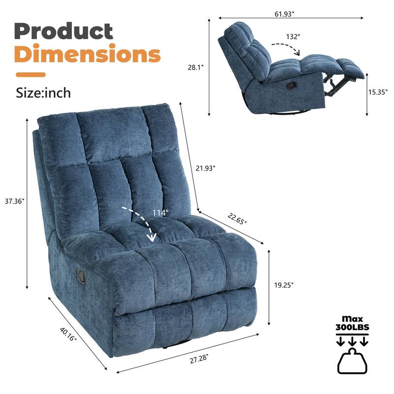 360° Swivel Rocker Recliner Chair Chenille Upholstered Manual Recliner