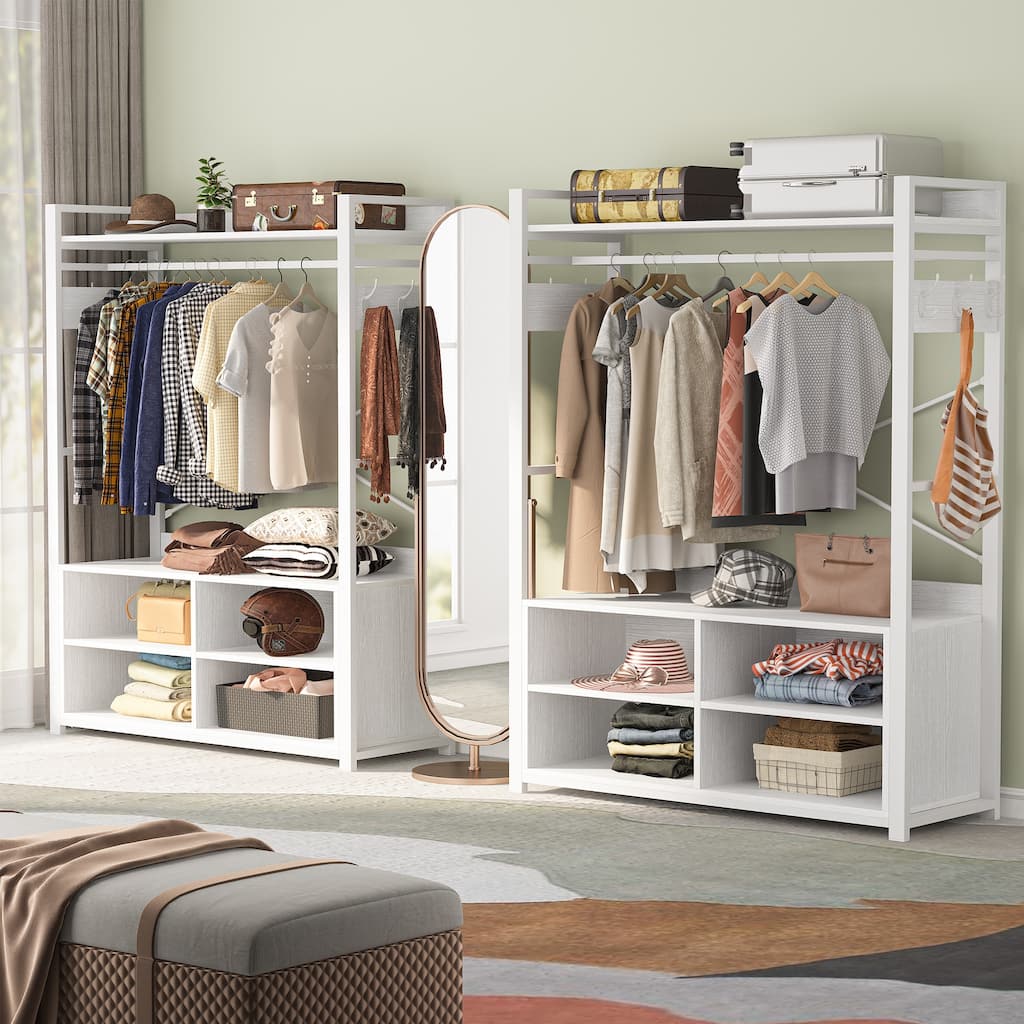 Metal Wood Free-standing Closet Clothing Rack Closet Organizer System with Shelves Clothes Garment Rack Shelving for Bedroom