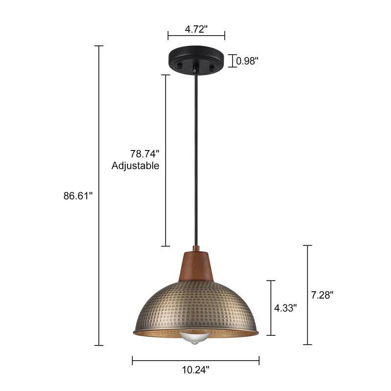 Industiral Hammered Antique Bronze Wood Dome Pendant Light - W12"