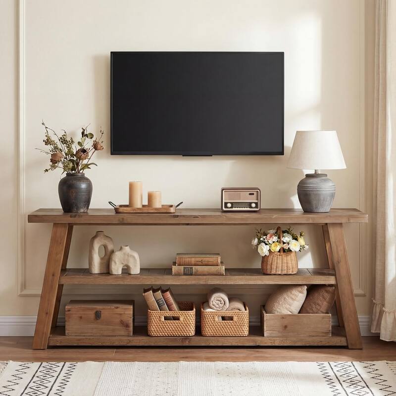 63" 3-Tier Solid Wood TV Stand, Rustic Entertainment Center for Living Room