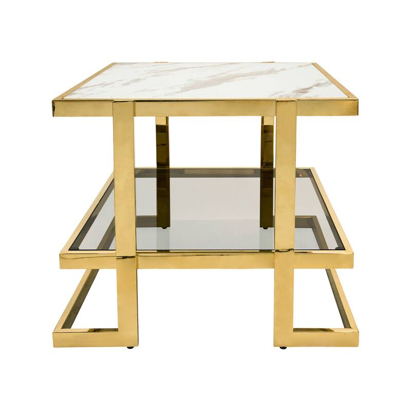 Sagebrook Home Modern Glam 24"H Geometric Gold Metal and White Marbled Glass Side Accent Table - 24" x 24" x 24"