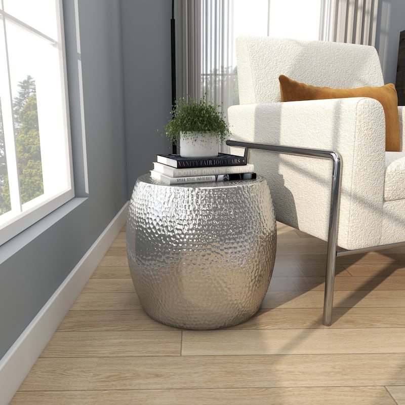 Silver Aluminum Metal Drum Shaped Accent Table with Hammered Design