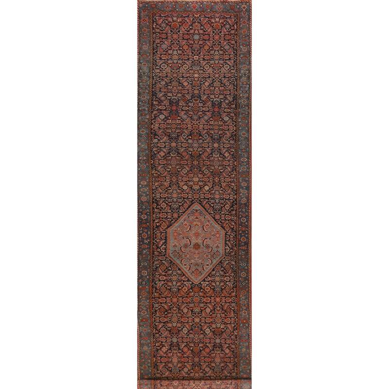 Hand Knotted Oriental 100% Wool Carpet Traditional Geometric Navy Blue & Blues Bidjar Runner Rug - 19' 6'' X 3' 5''