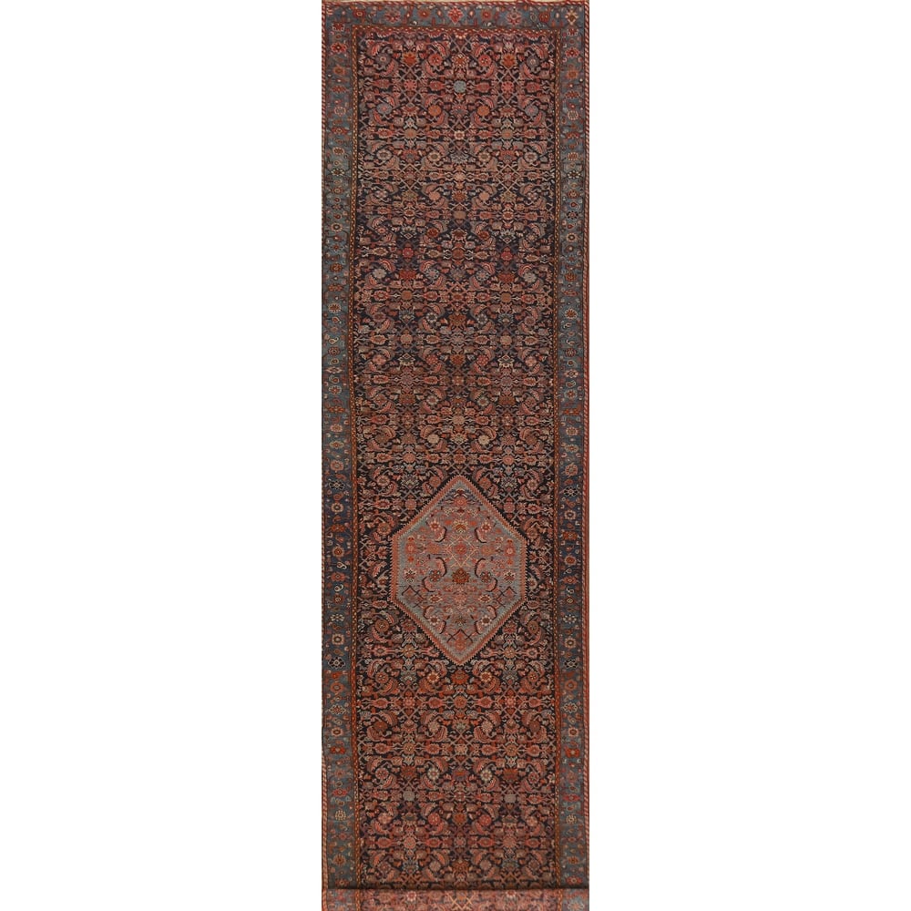 Hand Knotted Oriental 100% Wool Carpet Traditional Geometric Navy Blue & Blues Bidjar Runner Rug - 19' 6'' X 3' 5''