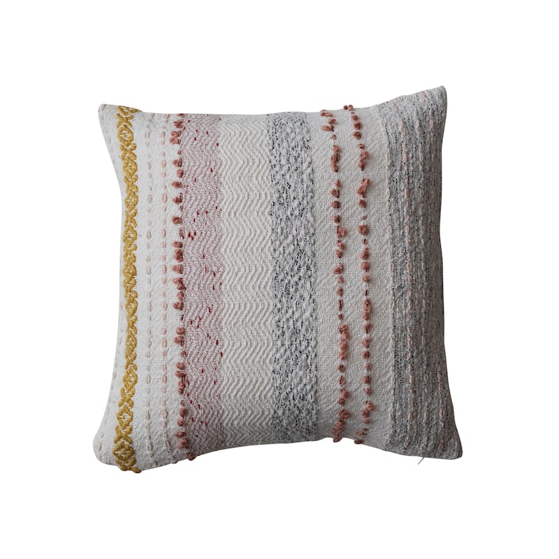 Woven Cotton Blend Pillow with Stripes and Embroidery - 18.0"L x 18.0"W x 0.5"H - Multi