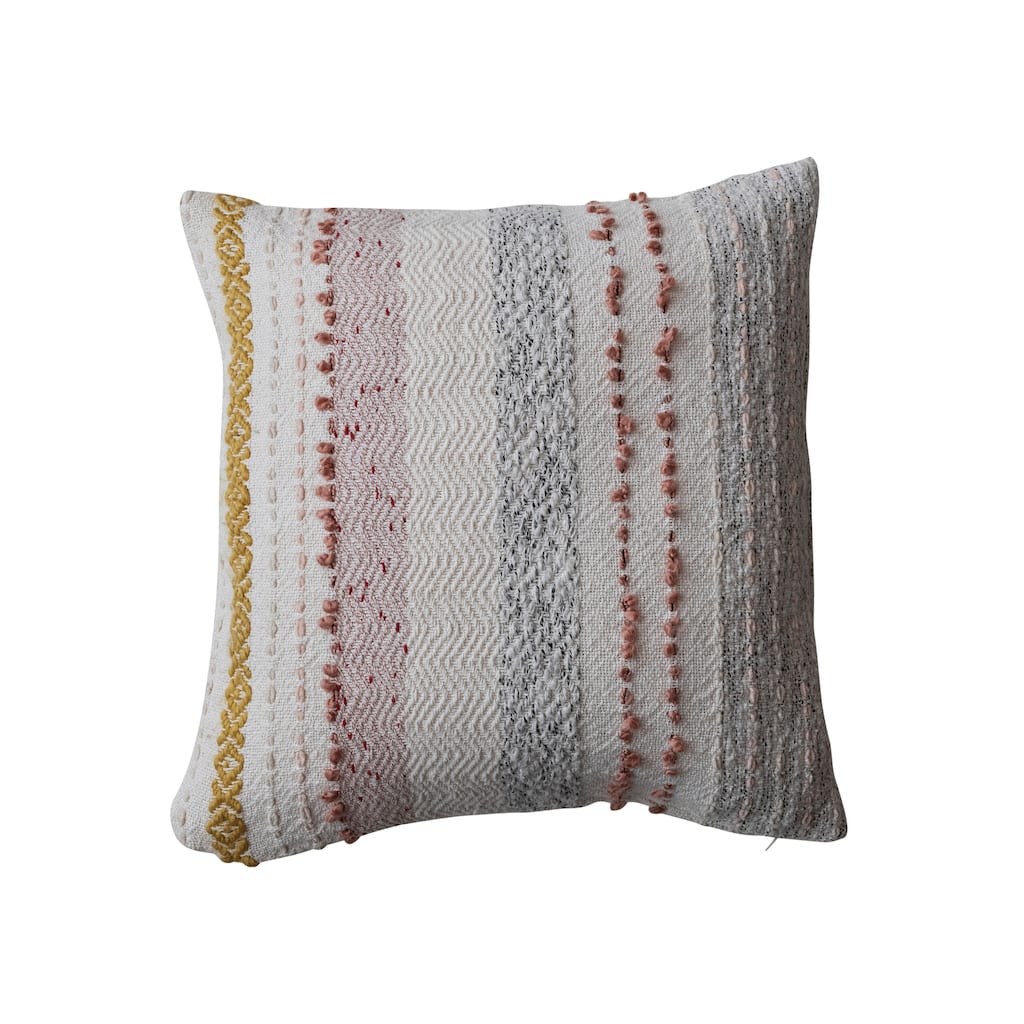 Woven Cotton Blend Pillow with Stripes and Embroidery - 18.0"L x 18.0"W x 0.5"H
