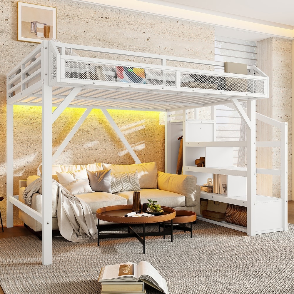 Roomfitters Metal Loft Bed with Wardrobe and Storage Stairs, LED Lights and USB