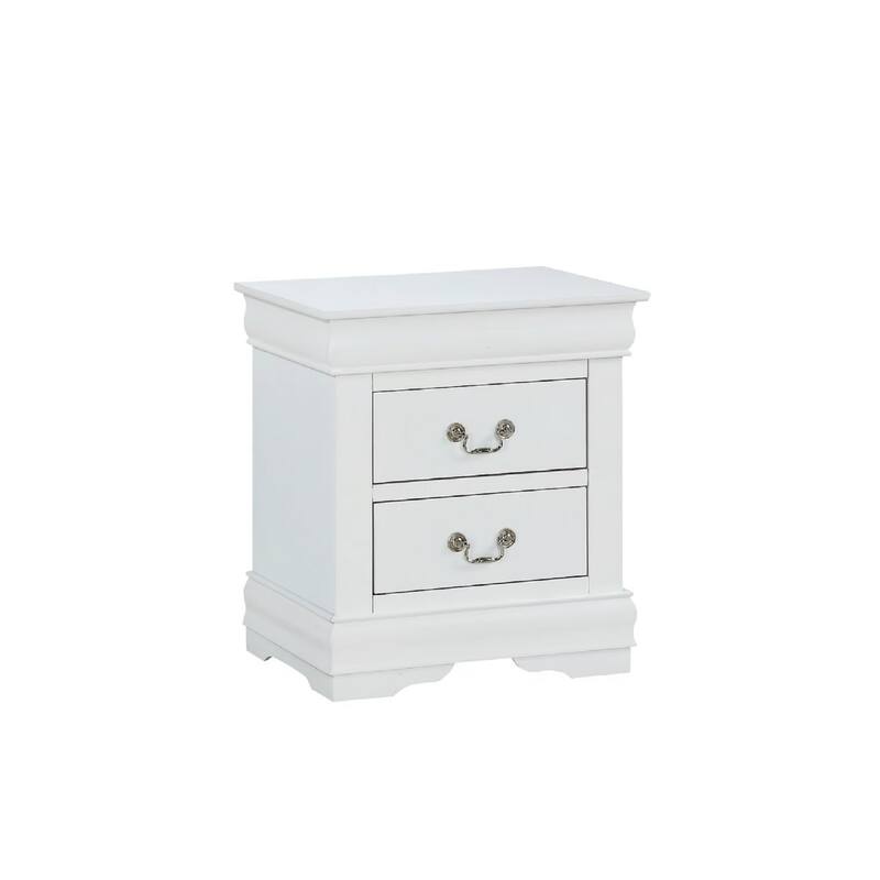 White Two-Drawer Solid Wood Nightstand with Nickel Finish