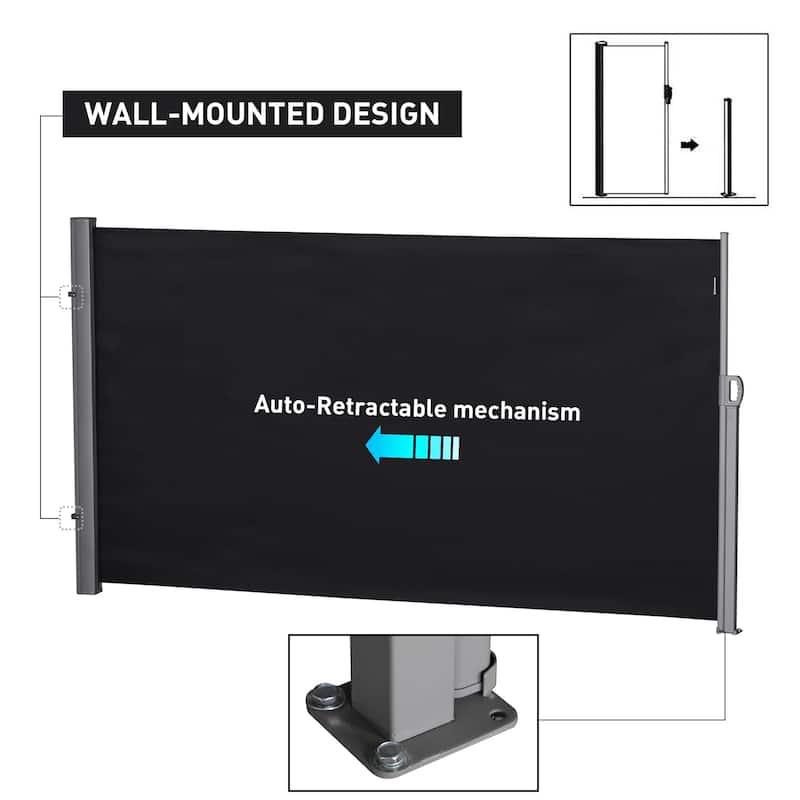 Outsunny Retractable Folding Side Awning Patio Outdoor Privacy Screen with Resistance to UV Rays & Wind, 6.5' High, Black