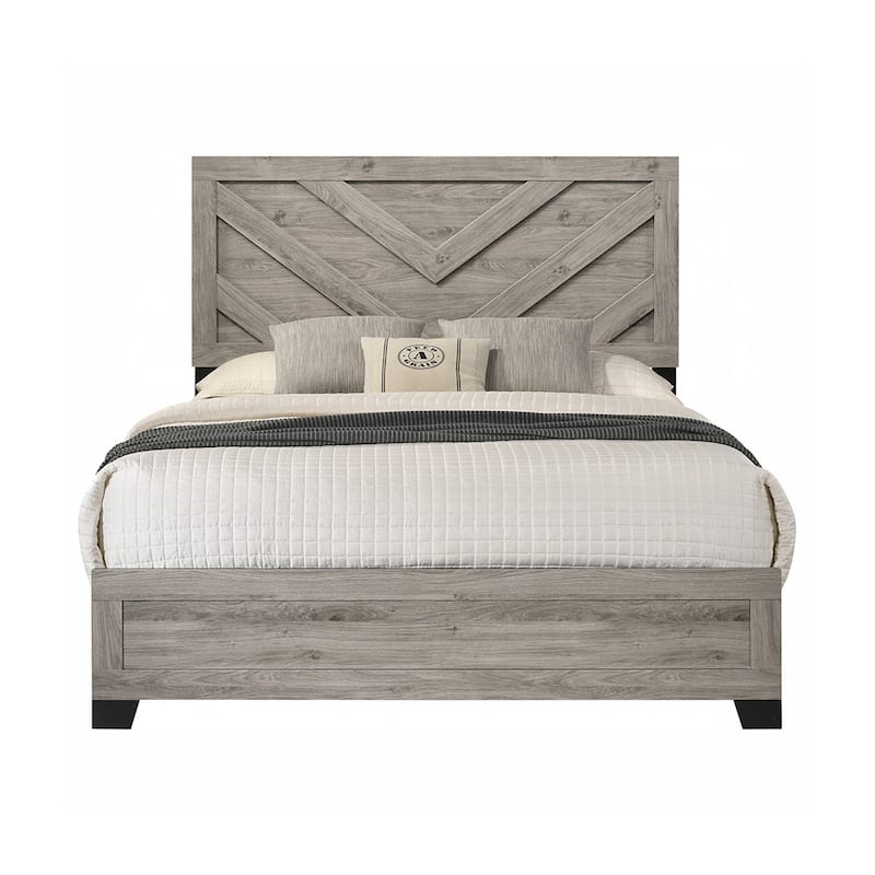 Wooden Queen Bed with Chevron-paneled Headboard in Light Gray - Light Gray - Queen