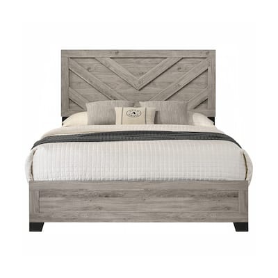Wooden Queen Bed with Chevron-paneled Headboard in Light Gray