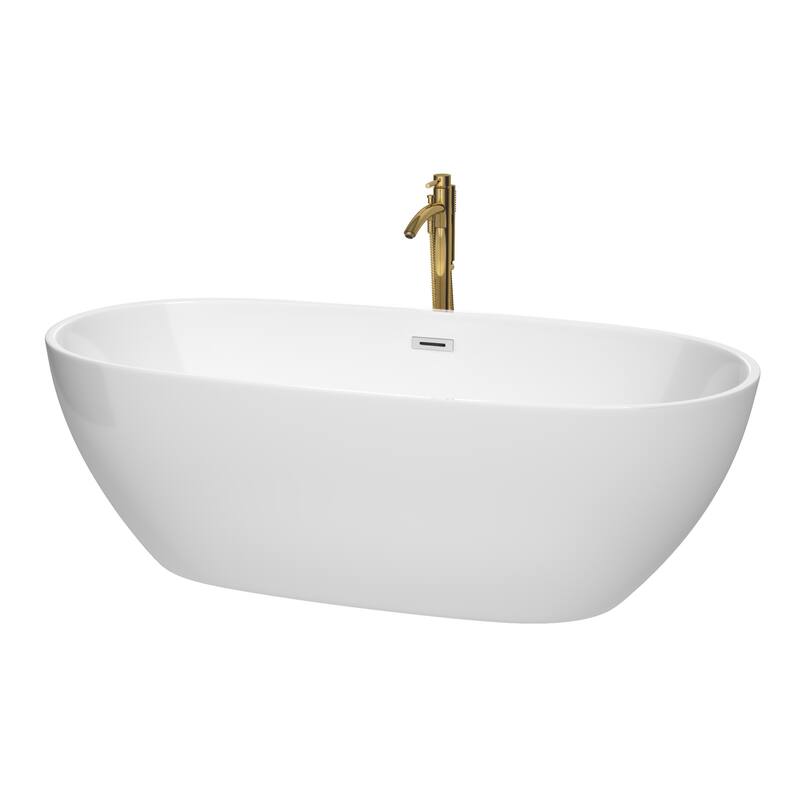 Wyndham Collection Juno 71" Freestanding Soaking Tub with Tub Filler - White / Polished Chrome Trim / Brushed Gold Faucet