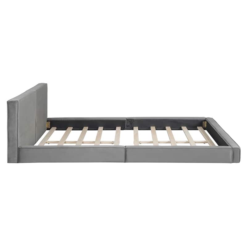 Queen Size Upholstered Platform Bed with Velvet Fabric, Grounded Bed with Solid Frame