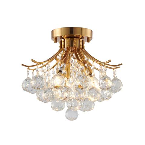 12" Satin Brass Metal Semi Flush Mount With Crystals - Stain Brass