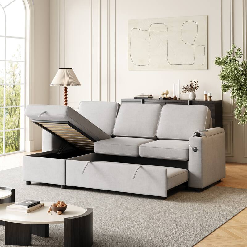 85.8" Sleeper Sofa, Sofa Bed with Storage and Charging Port