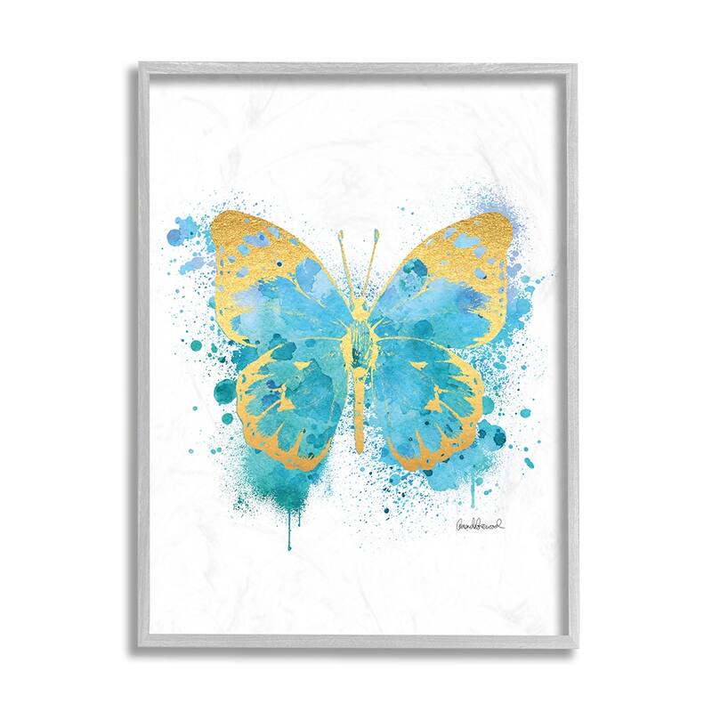 Stupell Abstract Butterfly Turquoise Blue Paint Splatter Framed Wall Art - 16 x 20 - Grey