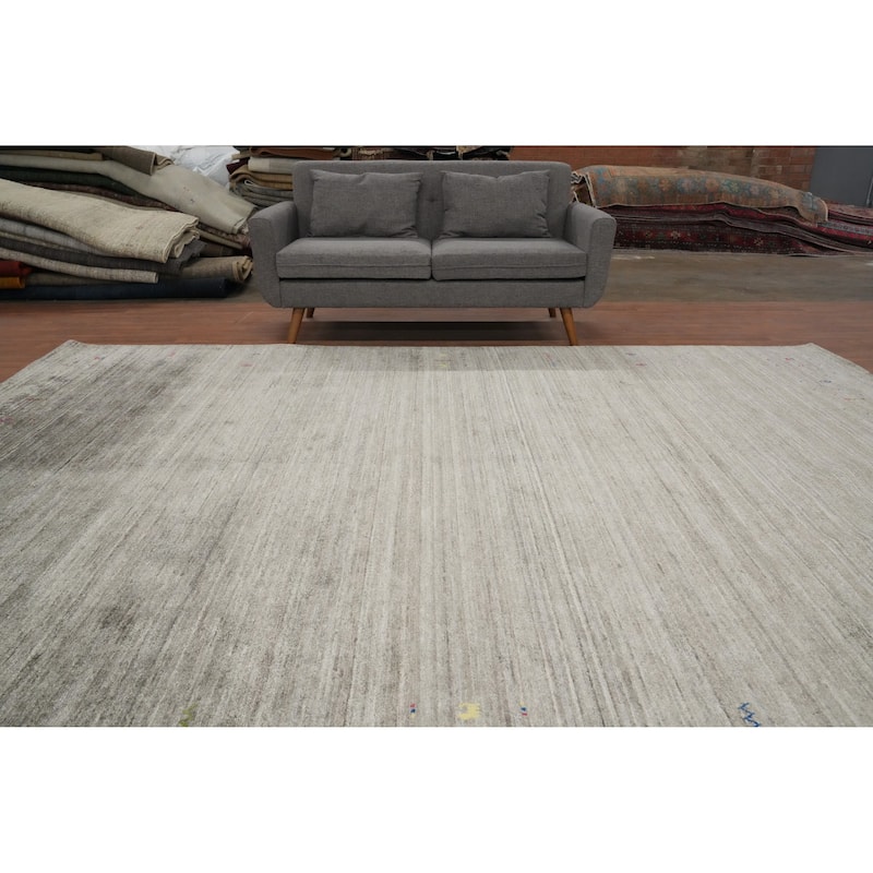 Hand Knotted Oriental Viscose Silk Carpet Tribal Animal Pictorial Greys & Charcoal Gabbeh Area Rug - 11' 11'' X 8' 11''