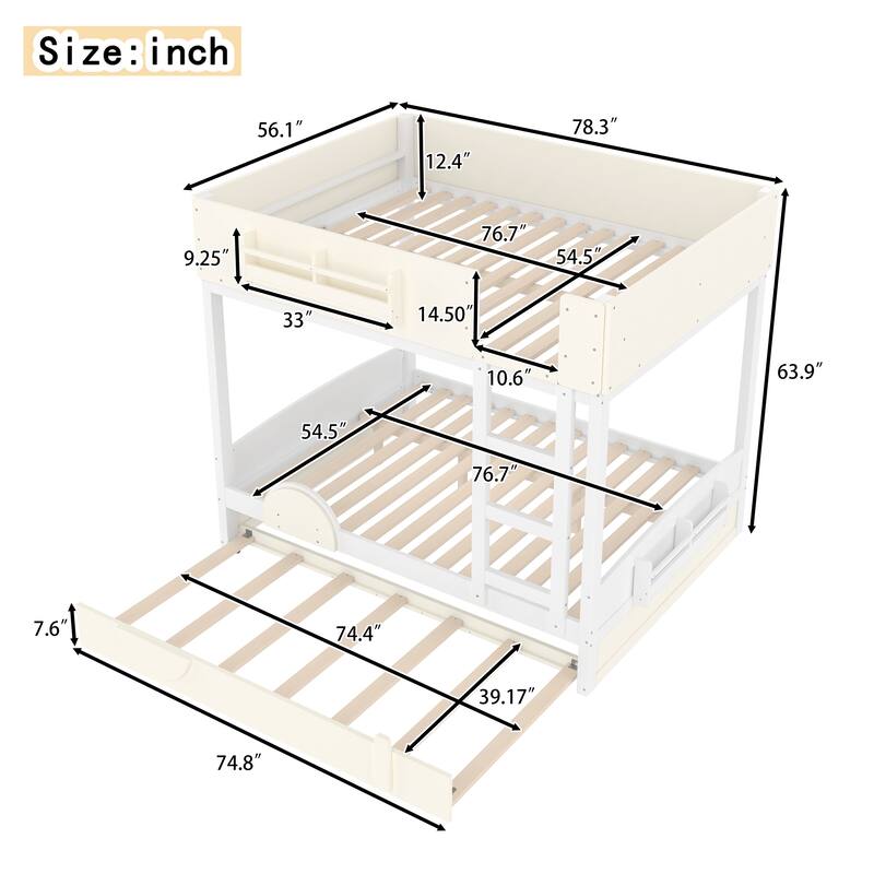 Kids Bed Wooden Bunk Bed with Trundle and Built-in Storage Bookshelves