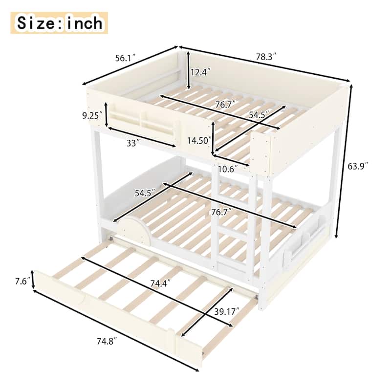 Queen/Full Bunk Bed with Trundle, Built-in Bookshelf & Safety Guardrail, Automobile Design
