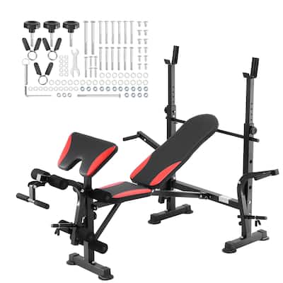 Black Red Steel Workout Bench with Rack, Foldable and Adjustable - 68.1” L x 53.9” W x 51.2” H