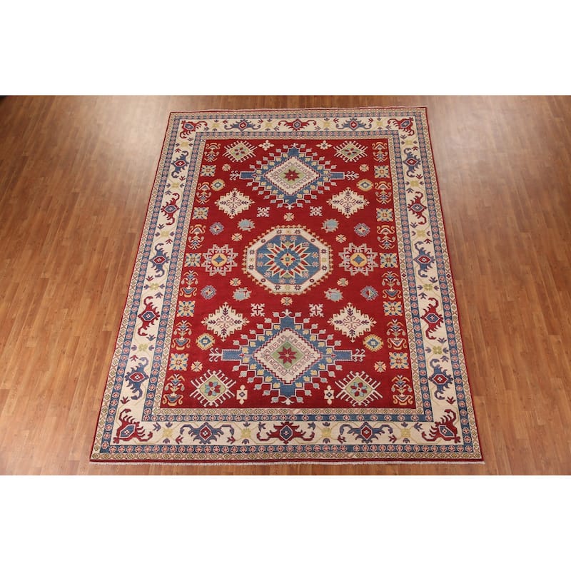 Red Geometric Kazak Oriental Area Rug Handmade Wool Carpet - 9'0"x 11'11"