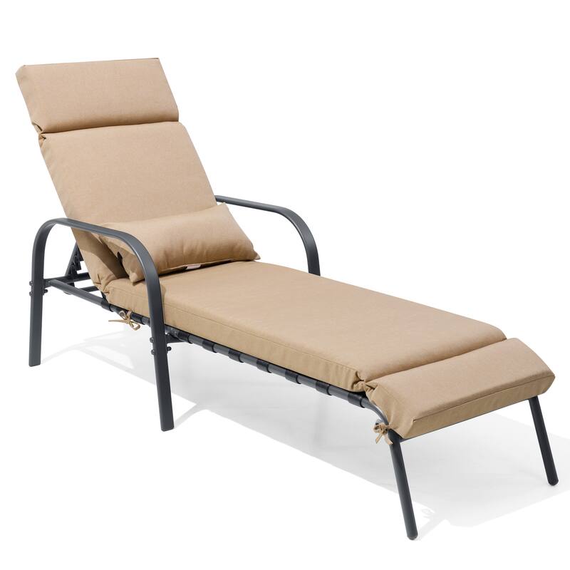 Outdoor Recliner Adjustable Chaise Lounge Chair with Cushion & Pillow - Tan - 1PC - New upgrade