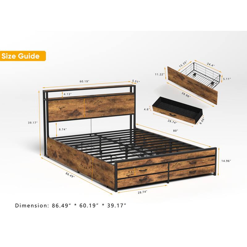 Heavy Duty Metal and Wood Bed Frame, LED Platform Bed Frame with Charging Station and 8 Storage Drawers, No Box Spring Needed