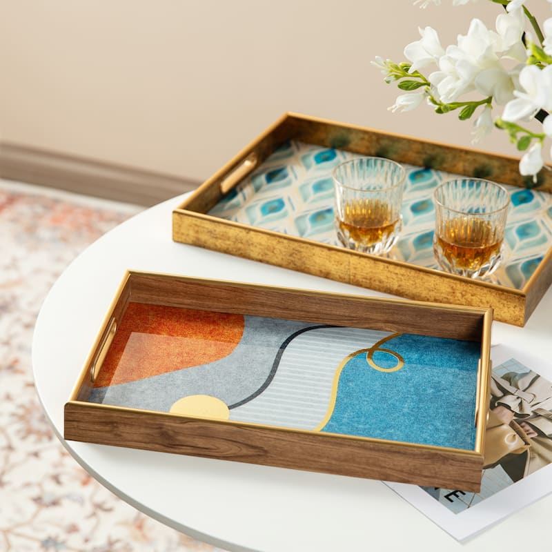 Glitzhome Set of 2 Rectangle Wooden & Plastic Decorative Fall Serving Trays with Handles