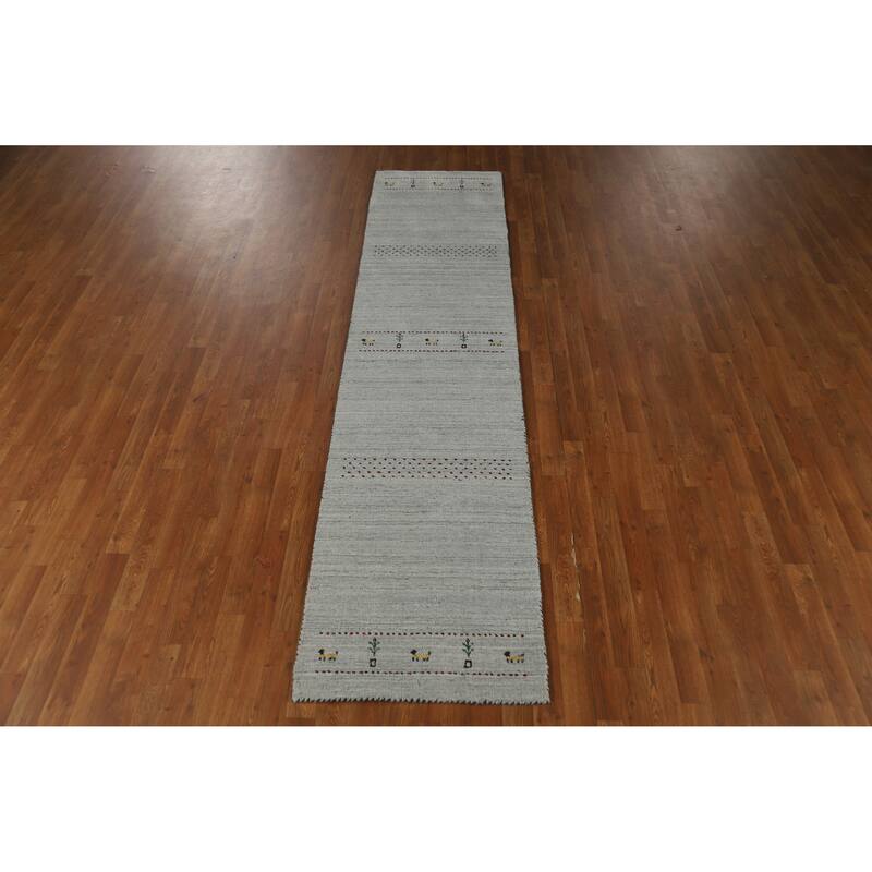 Grey Tribal Gabbeh Indian Runner Rug Hand-Knotted Wool Carpet - 2'4" x 9'8"