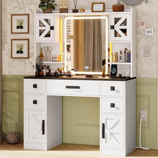 Vanity with Touch Screen Mirror & Time Display Makeup Vanity 5 Drawers