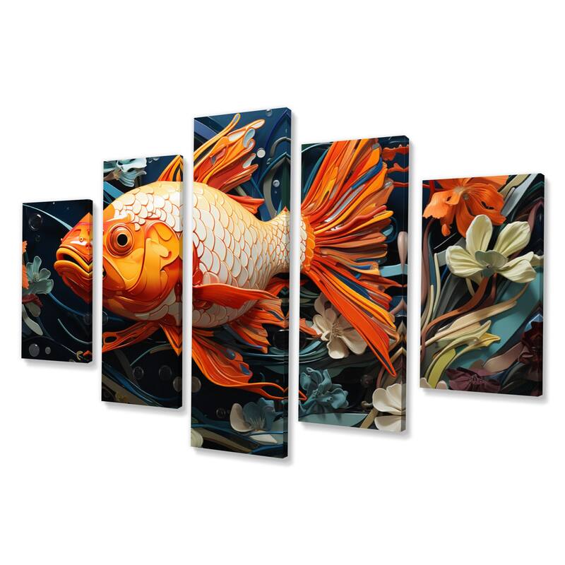 Designart "Geometric Orange Fish I" Animals Multipanel Canvas Print set
