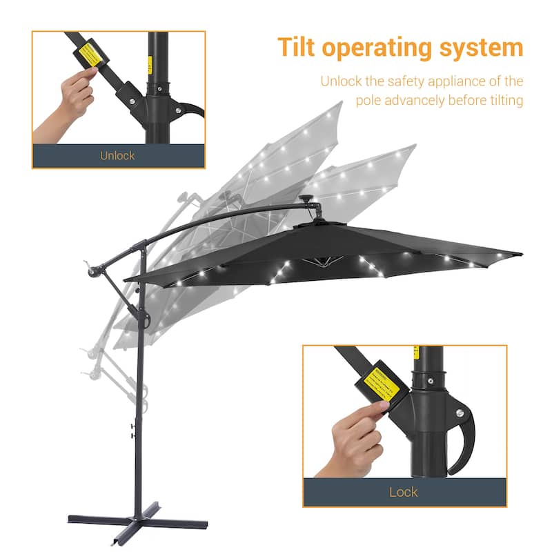 10Ft LED Patio Offset Umbrella Hanging Circle Umbrellas,w/Cross Base