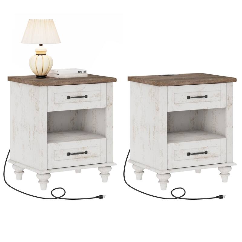 Farmhouse Nightstand Bedside Table, Wood 2-Drawer Side Table - Antique White - 4-drawer