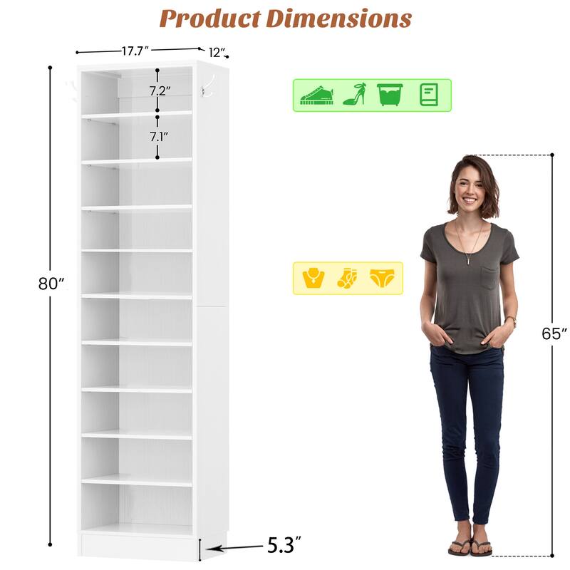 Freestanding 10-Tier Shoe Storage Cabinet,Narrow Wood Shoe Rack Shoe Organizer,Sturdy Closet Organizer Open Display Cabinet