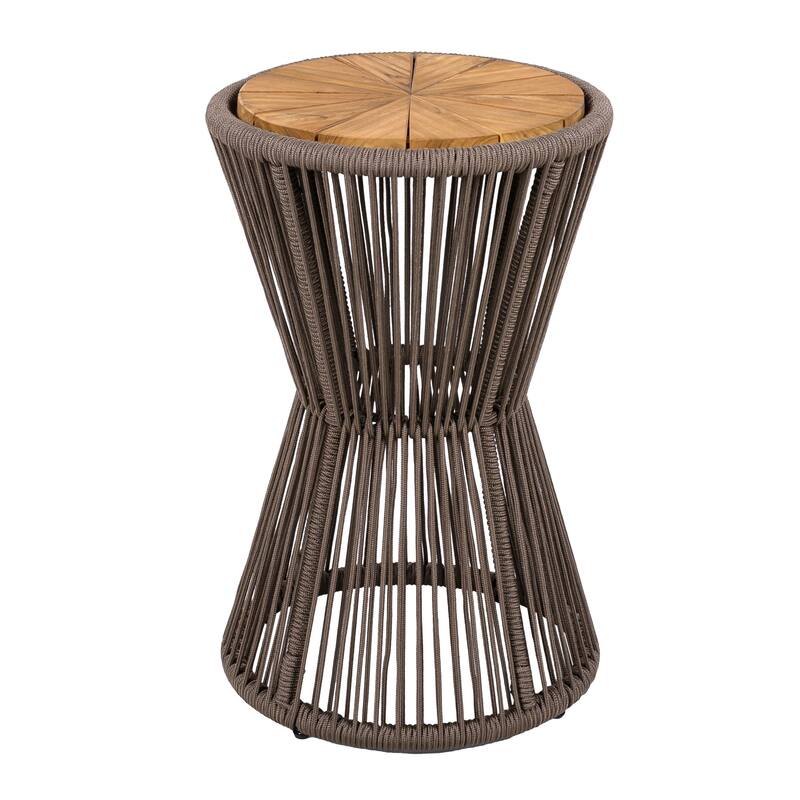 Roomfitters 25.8" Outdoor Side Table Modern Woven Rope Hourglass Patio Accent Table with Teak Wood Finish Top