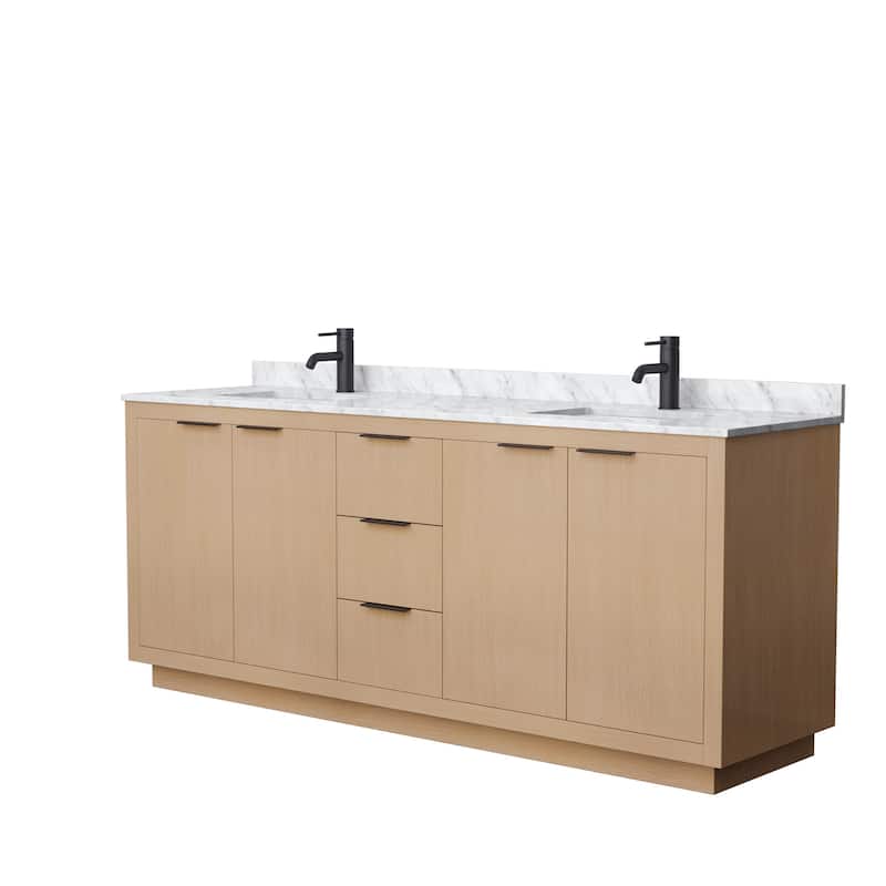 Maroni 80-Inch Light Straw Double Vanity, White Carrara Marble Top - Light Straw, Black Trim, White Carrara Marble Top