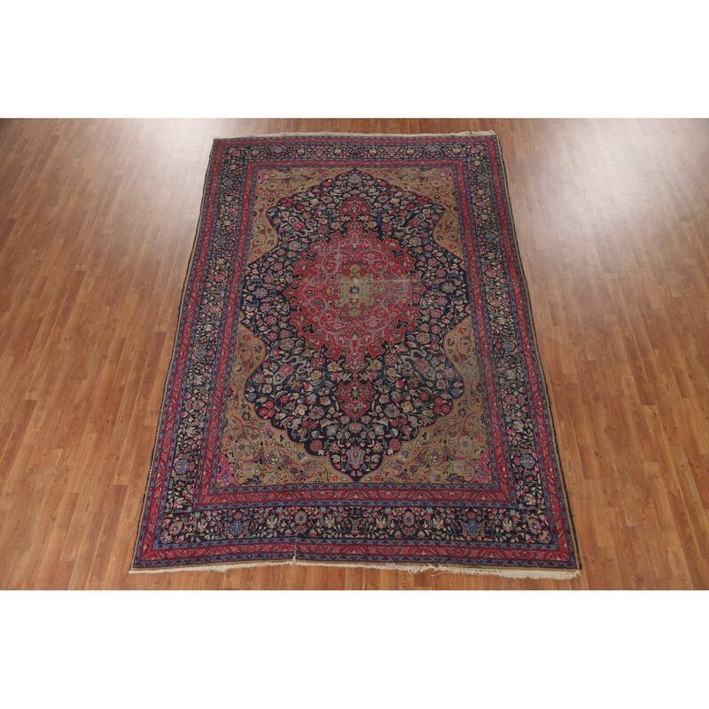 Pre-1900 Antique Blue Tabriz Persian Area Rug Hand-Knotted Wool Carpet - 7'5"x 11'0"