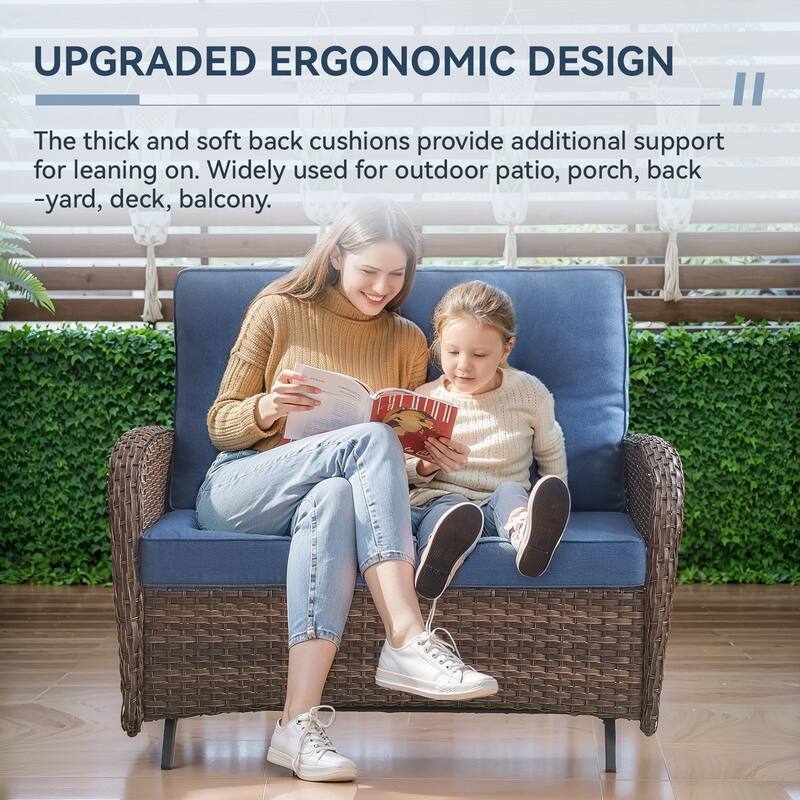 Gymojoy 7-Piece Patio Set with Glider Loveseat, Swivel Chairs & Fire Pit Table for Backyard, Garden