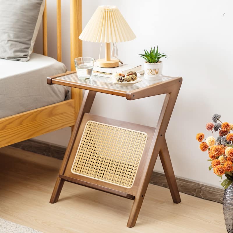 Decorative End Table with Rattan Accents and Storage Rack - 19.5" x 14" x 22" (L x W x H)