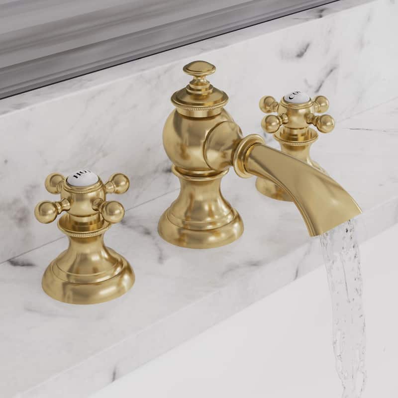 Modern Widespread Waterfall Style Deck Mount Lavatory Faucets F2-0013 With Pop-Up Drain in Gold With Metal Cross Handles