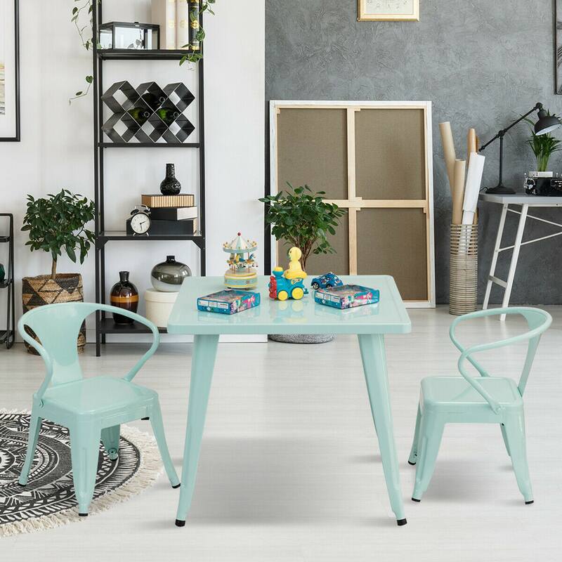 Gymax 3 Pcs Kids Dining Set Square Table & 2 Armchairs Play Learn