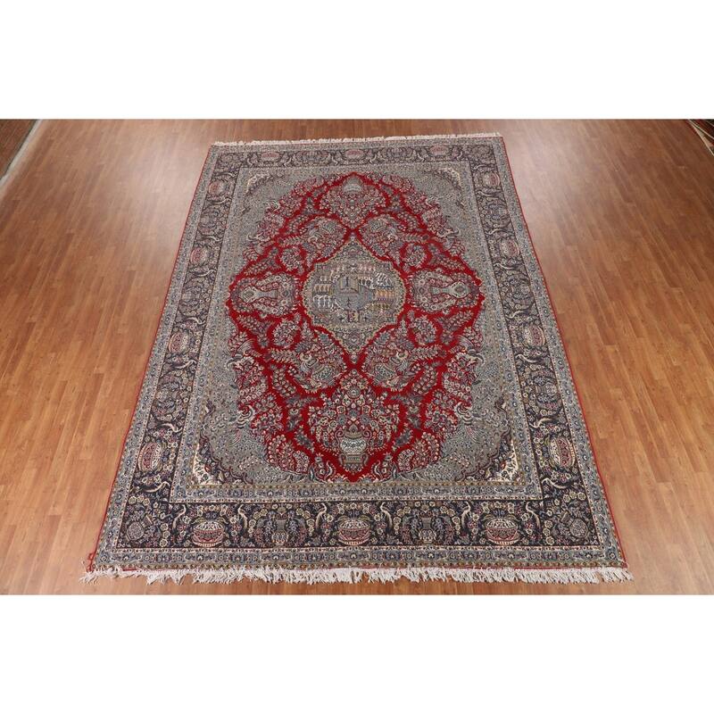 Pictorial Red Floral Kashan Turkish Rug Medallion Machine Made Carpet - 9'7" x 13'0"