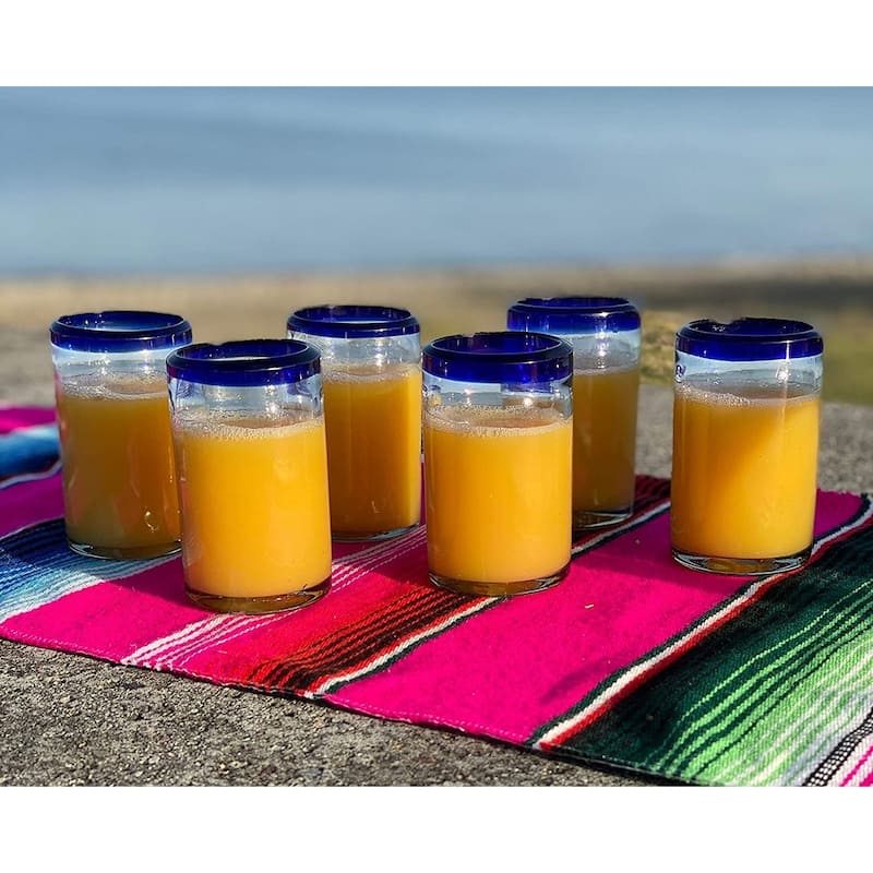 Dos Sueños Hand Blown Mexican Drinking Glasses - Set of 6 Juice Glasses with Cobalt Blue Rims (8 oz each)