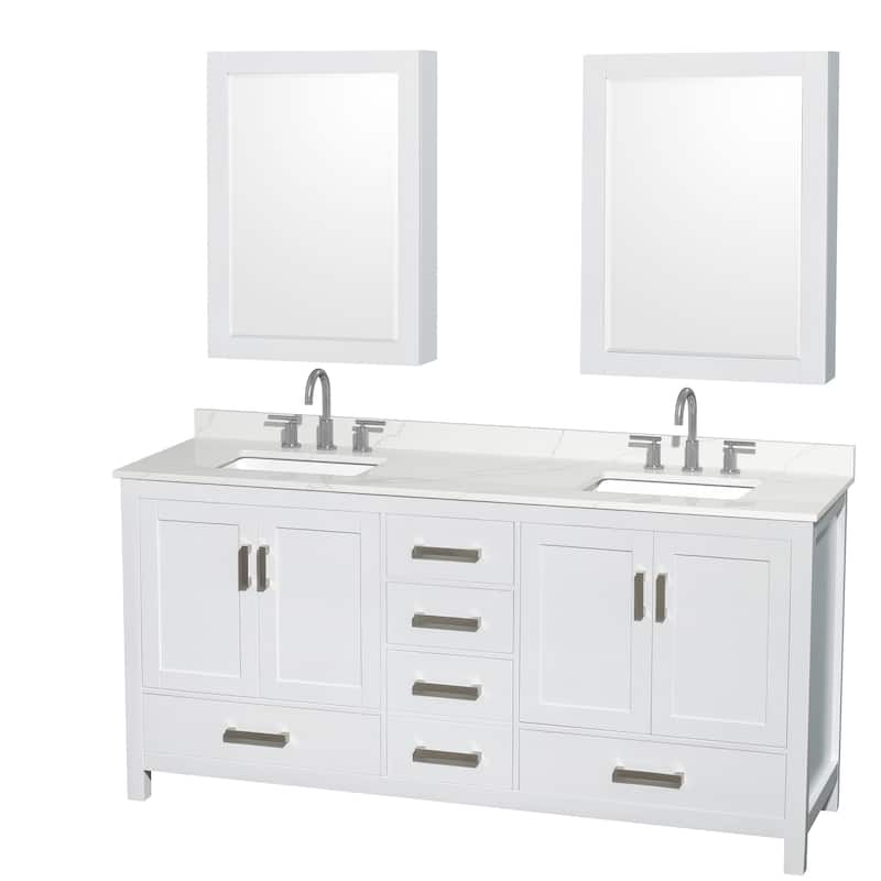 Sheffield 72-inch Double Vanity, 3 Hole Quartz Top, Med Cabinets - White, Chrome Trim, Giotto Quartz Top