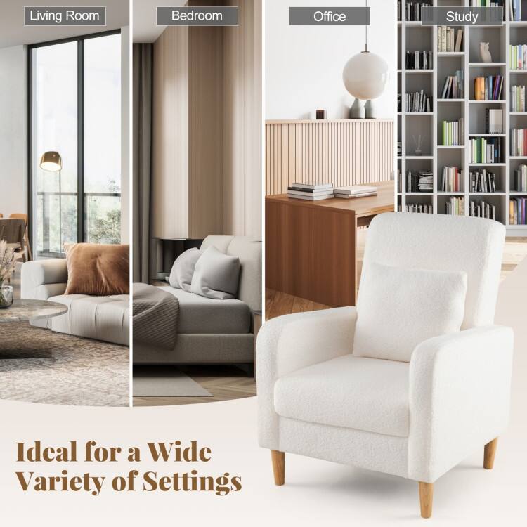 White Teddy Fleece Accent Chair with Lumbar Pillow and Wood Legs - 27.5" × 30" × 36.5"