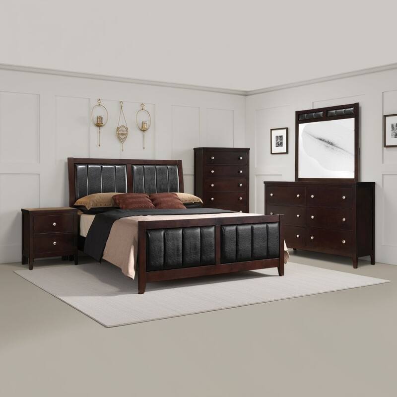 Con 5 Piece Queen Bedroom Set, Black Leather Upholstery, Dark Brown