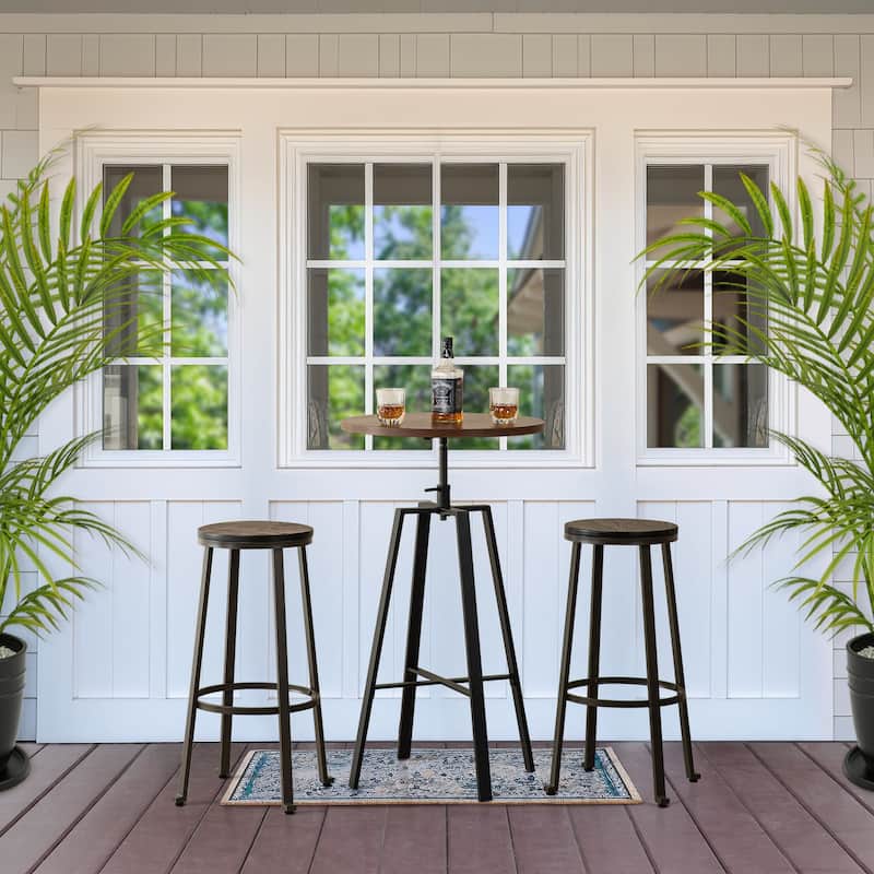 Glitzhome Farmhouse Elm Wood Top Steel Bar Stools Pub Table Set