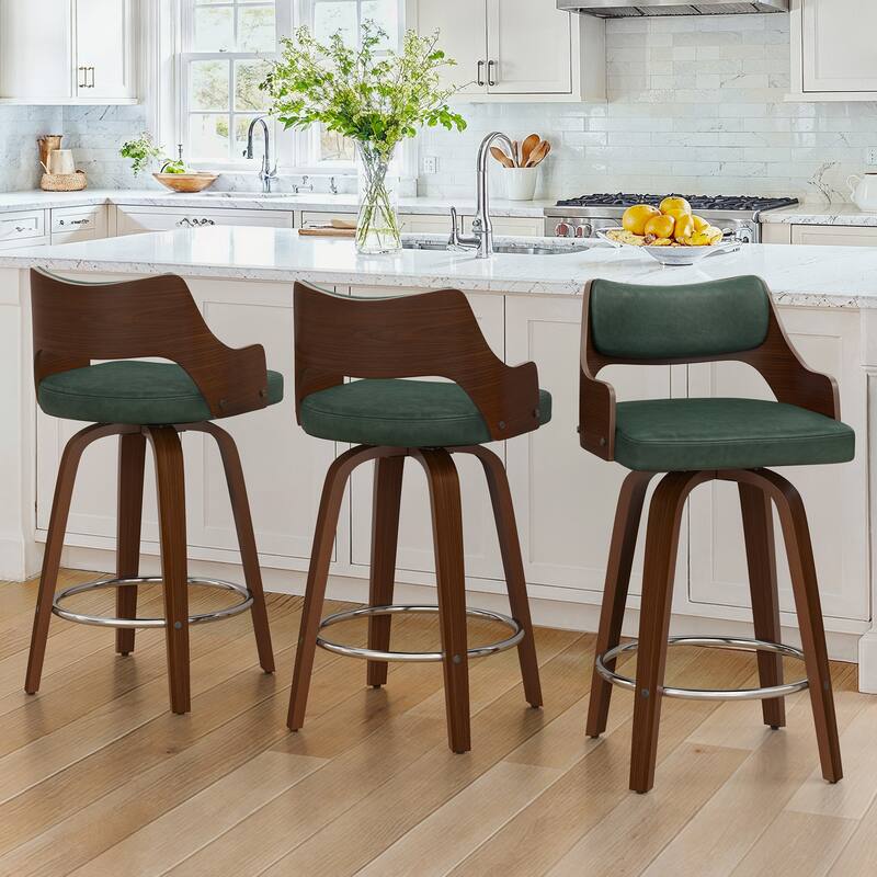 26.in Counter Height Stool Swivel Wooden Faux Leather Bar Stool with Curved Back - Green - Set of 3