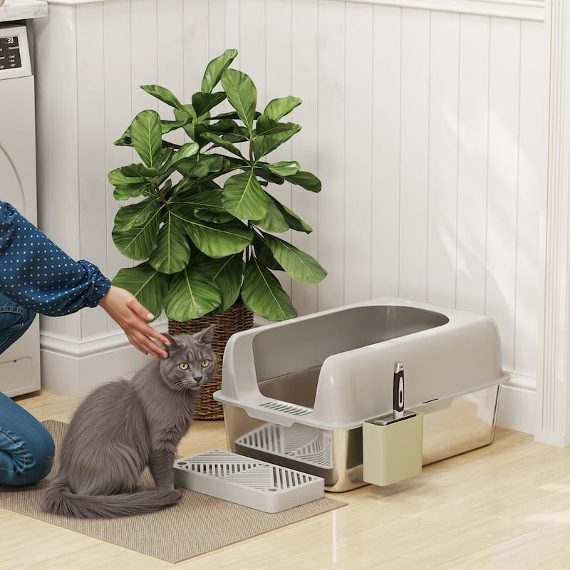 PawHut Stainless Steel Litter Box, Easy Clean Metal Litter Box with High Sided for Anti-Urine Leakage, Light Gray