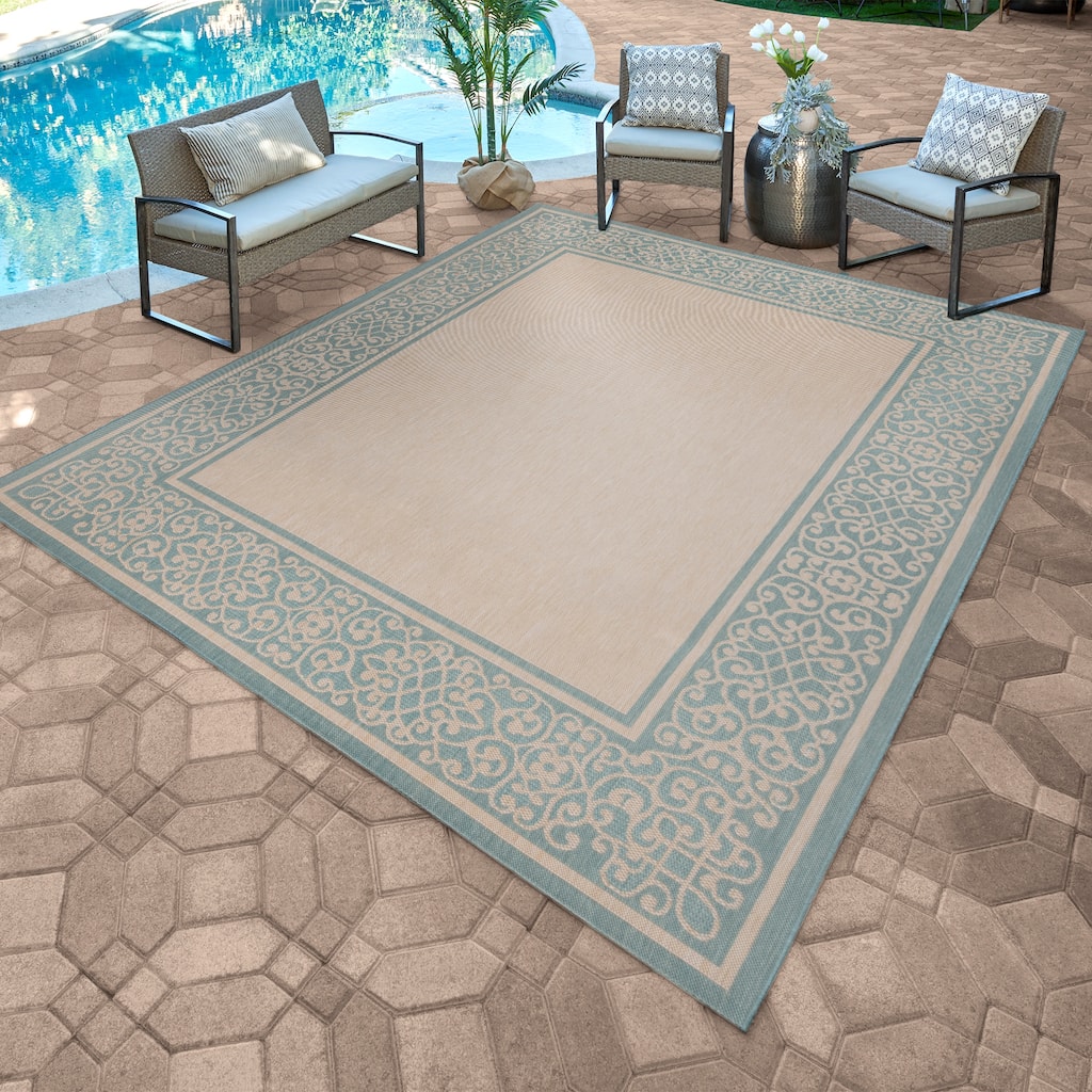 Gertmenian Paseo Tedo Oasis Blue Transitional Scroll Boarder Indoor/ Outdoor Area Rug